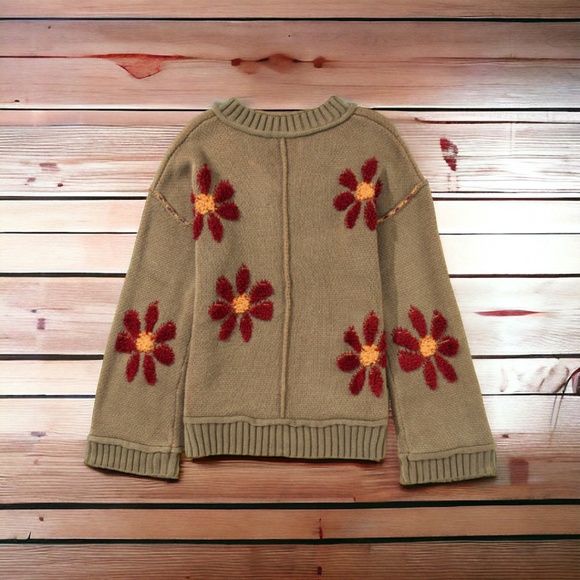 Sage Green Flower Knit V Neck Sweater - Picture 4 of 5
